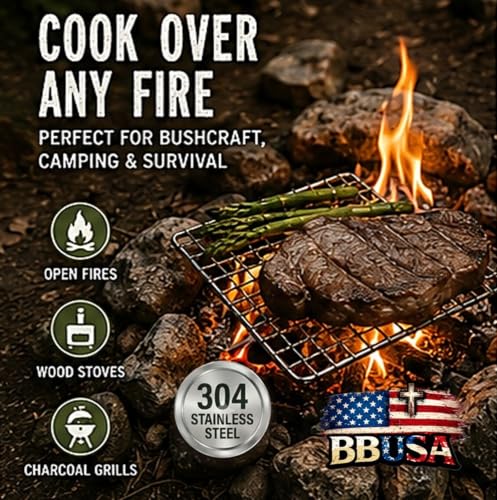 Portable Bushcraft Stainless BBQ Small Cooking Grill Grate & Burlap Hemp Drawstring Bag, Camping, Campfires Backpacking, Hunting & Fishing. (Small Grill & Bag ONLY) - size: Small Grill & Bag