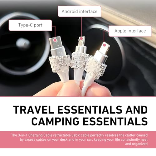 3-in-1 Car Retractable Multi Charging Cable, Rhinestone Heart Data Sync & Fast Charger with Lightning/Micro/Type-C USB Connectors for Most Phones (Pink) - color: Pink