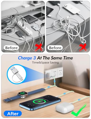 1Pack Travel Essentials for Apple Watch Charger,3-in-2 Multi Charging Cable | Cruise Vacation Camping Essentials for iPhone Charger,Type C/Lightning for iWatch,iPhone 17-12,Xbox Series X&S-4FT Green - color: Green, size: 1Pack-4FT