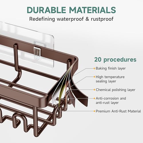 Veken Shower Caddy 6-Pack, No Drilling & Rustproof, Waterproof Adhesive Shelves Rack with Soap Holder, Large Capacity Bathroom Organizers and Storage, Wall-Mounted Kitchen & Home Decor - color: Brown