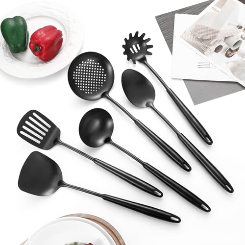 304 Stainless Steel Cooking Utensils,6 Pcs Kitchen Cooking Utensils Set with Spatula, Solid Spoon, Ladle, Skimmer, Spaghetti Spoon,Dishwasher Safe(Black) - color: Black, size: 6 PCS