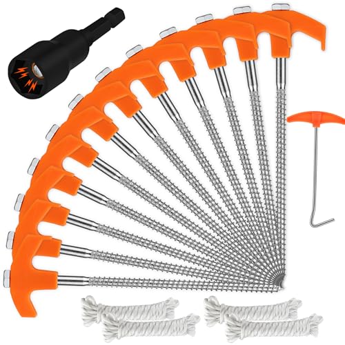 HORUSDY Tent Stakes Heavy Duty, 12-Pack 8.07 Inch Tent Stakes with 4 x 13ft Rope & 1 Stopper T Pull Hook - size: 12 Pack