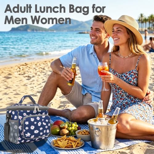 FlowFly Insulated Reusable Lunch Bag Adult Large Lunch Box for Women and Men with Adjustable Shoulder Strap,Front Zipper Pocket and Dual Large Mesh Side Pockets,Daisy - color: Daisy