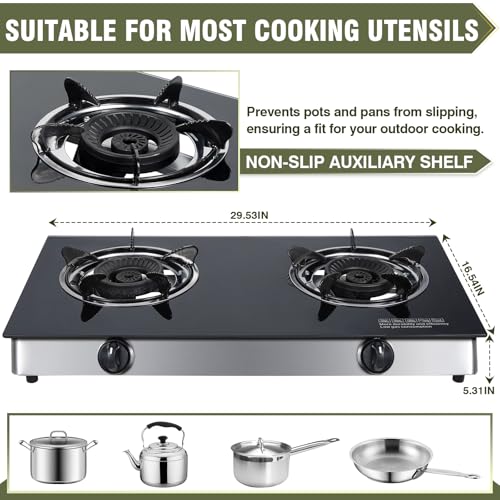 BESTFIRE 2-Burner Propane Gas Cooktop, 30,000 BTU Portable Tempered Glass Stove with Auto-Ignition, CSA Certified Regulator & Hose, Double Burner Stove for Camping, RV & Patio