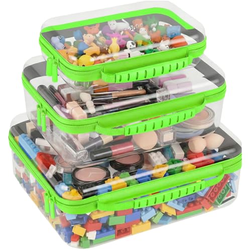 3 Pack Deep Clear Hard Shell Zipper Cases with Handle (Green) | Travel Toiletry Bag, Waterproof 1.2mm PET Hard Plastic Pouches, Organizer Box for Makeup, Toy, Snack, Stationery, Diaper - color: Green Handle(L+M+S)