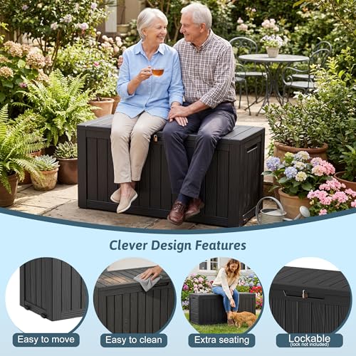 PatioZen 75 Gallon Resin Deck Box, Space-Saving Weatherproof Outdoor Storage Box for Furniture, Garden Tools and Tools Storage, Waterproof Outside Storage Boxes Black - color: Black, size: 75 Gallon Plus