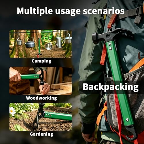Carbon Steel Aluminum Camping Hammer, 12" Small Lightweight Three-in-One Functional Tent Stake Hammer for Hiking Kit Green - color: Green