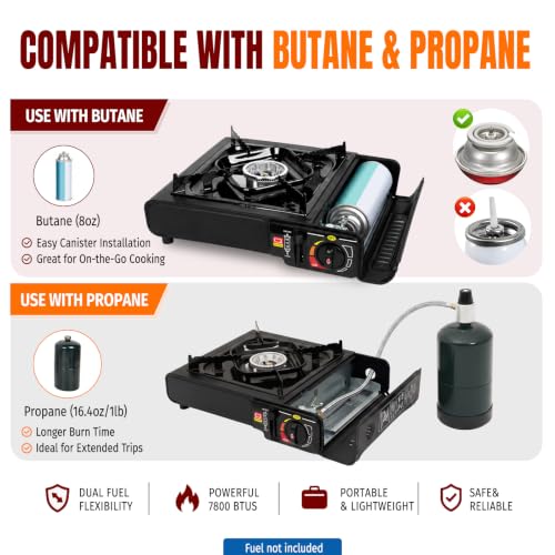 SHINESTAR 7800 BTU Dual Fuel Camping Stove, Propane Portable Gas Stove | Propane or Butane Camp Stove with Adjustable Heat Dial, Carry Case & Propane Adapter Hose,for Outdoor Cooking and Emergencies - color: Black - 7800 BTU Dual Fuel