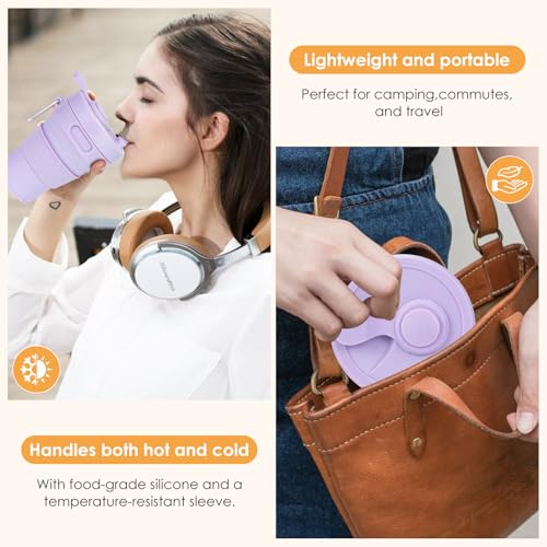Collapsible Travel Cup - Lilac,16oz/450ml，Leak-Proof Reusable To-Go Pocket Size Silicone Bottle for Hot & Cold Drinks - Camping & Hiking - Dishwasher Safe- Straw included