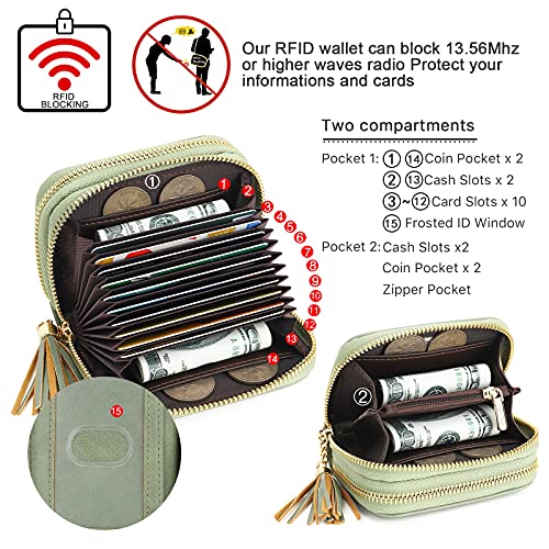 APHISON RFID Credit Card Holder Zipper Card Case Keychain Small Wallet for Women 1942-2 GREEN - color: B-GREEN-2（double zip）