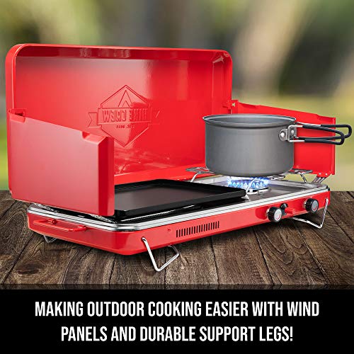Hike Crew 2-in-1 Gas Camping Stove and Griddle, Portable Propane Burner w/Integrated Igniter & Stainless Drip Tray | Built-in Carrying Handle, Foldable Legs & Wind Panels | Includes Regulator
