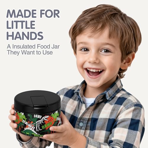 LOHASOK Kids Insulated Thermo for Hot Food Soup, 12oz - color: Black Dinosaur, size: 12 ounces