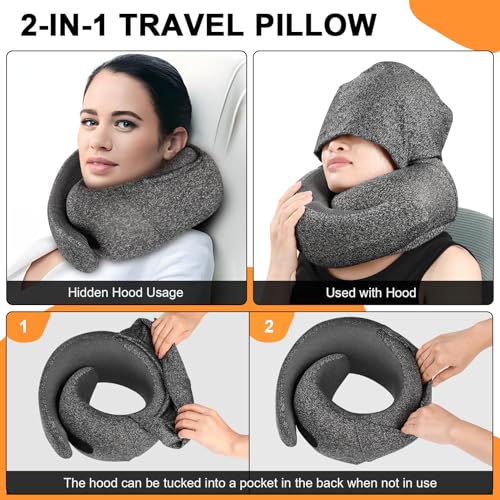 Travel Pillow - Hooded Neck Pillow Airplane Memory Foam Filling | for Plane, Office, Cars Sleeping, Road Trip, Long Flights Essentials, Includes Eye Mask & Earplugs (Pink) - color: Pink