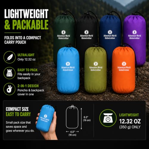 Adventure World Globotrekker Backpack Poncho Lightweight Waterproof Rain Poncho for Hiking, Camping, Travel & Outdoor Use - color: Sapphire Blue