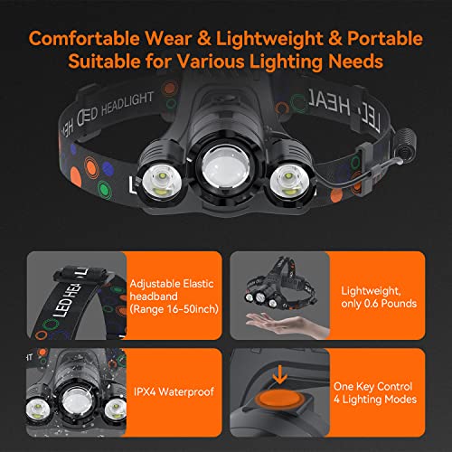 LED Headlamp Rechargeable, 6000 Lumens Super Bright Head Lamp, USB Rechargeable Headlight Flashlight with 3 LED Lights, 4 Modes, Zoomable, 90° Adjustable, Hiking, Hunting, Running, Fishing - color: Black