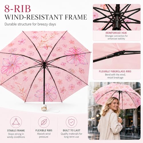 Manual Travel Umbrella with UPF 50+ UV Protection - color: PinkCrystalButterfly