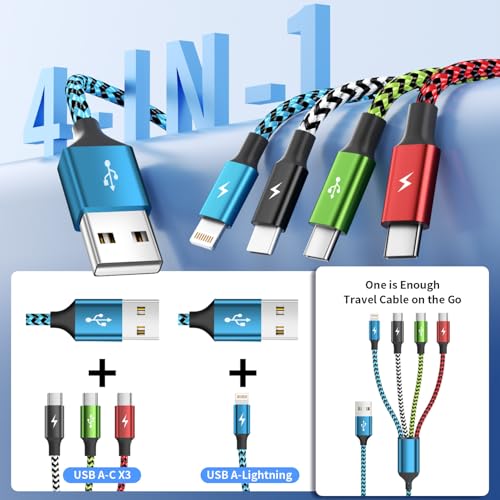 4 in 1 Three Type C Multi Charging Cable, Charging Cord for Multiple Device | USB Charging Cable with 3 USB C/IP Charger, Phone Charger for iPhone 17-8/ Android/iPad and More,2 Pack 5FT - color: Blue&Black