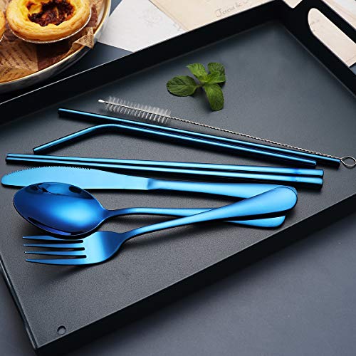 Portable Stainless Steel Flatware Set, Travel Camping Cutlery Set, Portable Utensil Travel Silverware Dinnerware Set with a Waterproof Case (Blue) - color: Blue