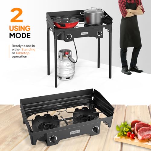 ROVSUN 2 Burner Outdoor Camping Stove with Wind Panel, 150,000 BTU Propane Burner, Gas Cooker with Detachable Legs & CSA Regulator for Home Camp Paito Cooking Frying Canning - style: 2-Burner