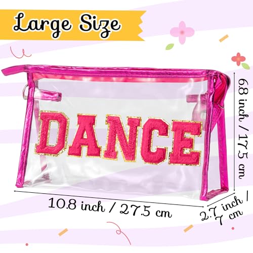 Y1tvei DANCE Clear Makeup Bag - Preppy Hot Pink Dance Chenille Patch Cosmetic Pouch Dancer Recital Survival Kit Extra Large PVC Transparent Toiletry Bag Waterproof Travel Organizer for Women(Rose Red) - color: Rose red DANCE Rose Red