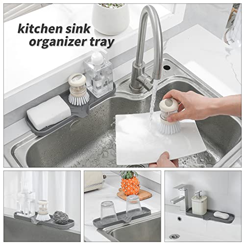 MicoYang Silicone Soap Dish with Drain Spout — Self-Draining Double Sink Organizer Tray for Kitchen & Bathroom, Dispensers, Sponges & Soap Holder, Non-Slip & Dishwasher Safe, Grey (Large, 12"×4") - color: Grey, size: L(12"×4")