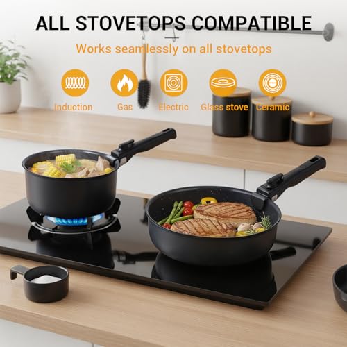Ammeloo 21-Piece Ceramic Pots and Pans Set Non Stick with Detachable Handles and Egg Frying Pan, Non-Toxic Cookware, Induction Ready, Oven Safe, Stackable for Storage, Black Speckled - color: Egg Pan Set