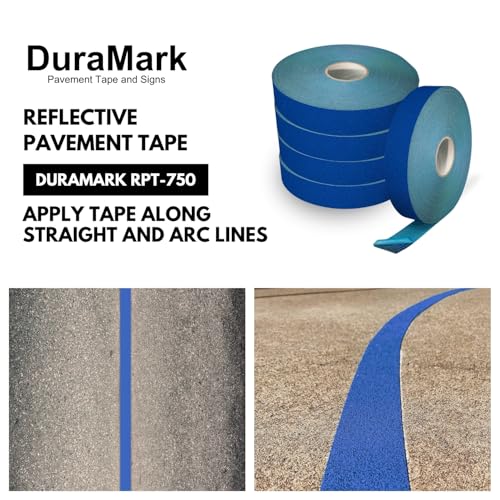 DuraMark RPT-750 Reflective Pavement Marking Tape, Blue, 2 in x 108 ft | Permanent rubber base bonds to asphalt and concrete; glass-bead reflectivity improves low-light visibility. - color: Blue, size: 2 Inch x 108 Ft