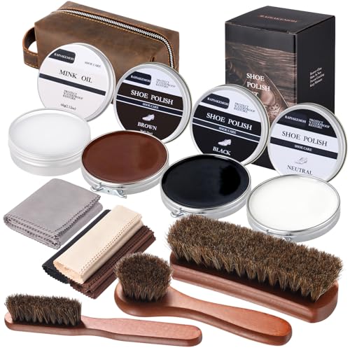 RAPSAKEMOH Shoe Polish Kit, Horsehair Brush Shoe Shine Kit For men - color: Brown