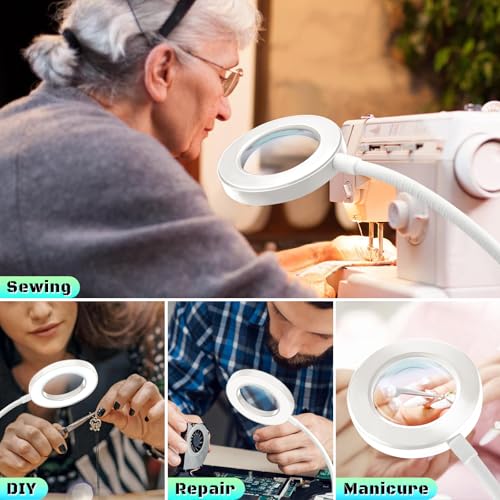 10X Magnifying Glass with Light, Clip on Magnifier with Light,LED Desk Lamp | Adjustable Gooseneck, 3 Color Modes & 12 Brightness, Table Magnifying Lamp for Bed Book Reading Work Crafts Painting Repair - color: White