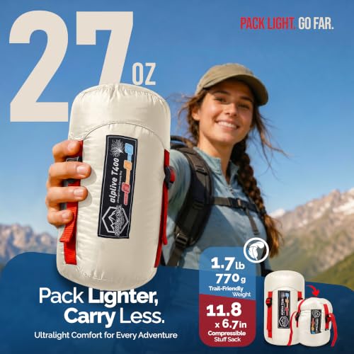 ZOOOBELIVES Ultralight Down Sleeping Bag for Adults, 27 oz 650 Fill Power, 50°F Comfort, 32°F Lower Limit, Lightweight 3-Season Backpacking Camping Bag with Compression Sack, AlpliveT400 - color: White