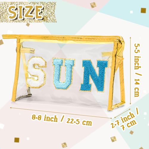 Y1tvei Clear SUN Makeup Bag - Preppy Blue SUN Chenille Varsity Letter Cosmetic Bag PVC Transparent Zipper Waterproof Beach Makeup Carry Pouch Portable Travel Toiletry Organizer for Women(Gold) - color: Blue SUN Gold