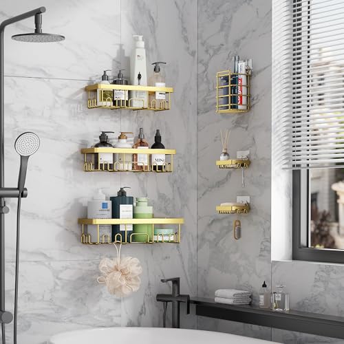 Veken Adhesive Shower Caddy 6-Pack,Gifts for Women Mom,Heavy Weight Bearing,Large Wall Mounted Bathroom Shelves Rack,Organizer Storage Accessories with Soap Dish&Toothbrush Holder,Bright Gold - color: Bright Gold