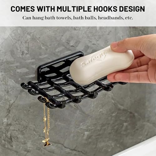 Shower Soap Holder for Wall, Adhesive Bar Soap Dish with Self Draining Grid, Side Hooks and No Drilling Mount, Black, 2 Pack - color: Black