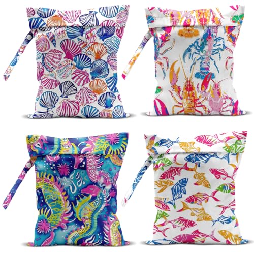 Wet Bag, 4Pcs Wet Dry Bag Set, Reusable Waterproof Bags with Ocean Creature & Shell Patterns for Women, Suitable for Beach Trips & Daily Organizing - color: Ocean Creature & Shell