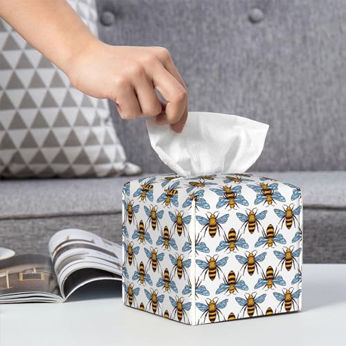 Honey Bee Tissue Box Cover Leather Tissue Box Holder Square Facial Paper Organizer Dispenser for Bathroom Kitchen Bedroom Vanity Countertop Night Stands - color: Honey Bee