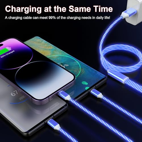 3-in-1 Light Up LED Flowing Lightning/Type C/Micro USB Car Glowing Charge Cable for iPhone,Blue Multi RGB Car Charger Cord for Apple iPhone 15/14/13/12/11 Pro Max/XR/XS/SE,iPad/Android/Samsung-4FT - color: Blue