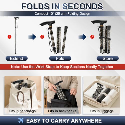 supregear Folding Cane, 5-Level Adjustable Height Walking Stick Lightweight Collapsible Portable Travel Cane with Wrist Strap and T Handle for Elderly Disabled Men Women - color: Leopard