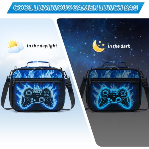 DIGOBAY Insulated Lunch Box for Kids Boys Cool Luminous Gamer Lunch Bag - color: Blue Flame