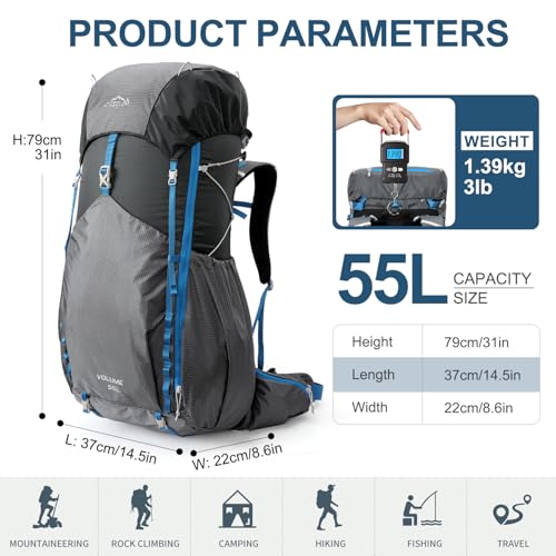 IX INOXTO 55L Internal Frame Waterproof Hiking Camping Backpack with 3L Water Bladder and Rain Cover, Large Lightweight Travel Daypack Rucksack for Climbing (Dark Gray) - color: Dark Gray