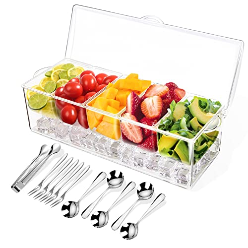 Condiment Tray with Stainless Steel Tableware, Chilled Condiment Server | Bar Accessories with 5 Spoons, 5 Forks and 1 Clip with Removable Trays and Lid