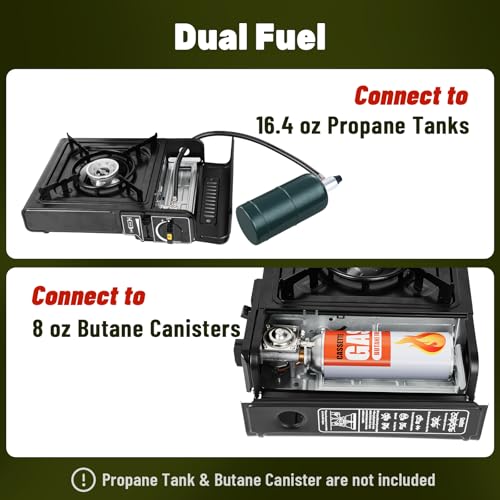 Dual Fuel Camping Stove 7800 BTU, Portable Propane Butane Burner | Overpressure Protection & Auto Shut-Off, Piezo Ignition, Precise Temp Control, Lightweight for Backpacking & Outdoor Cooking