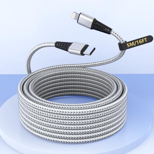 16FT Extra Long USB C to Lightning Charger Cable for iPhone,Apple MFi Certified Charger Cord, Nylon Braided Sync Data Charge Cord for iPhone 14 Pro Max/14/13Pro/12/11/X/XS/XR/iPad-Silver - color: Grey