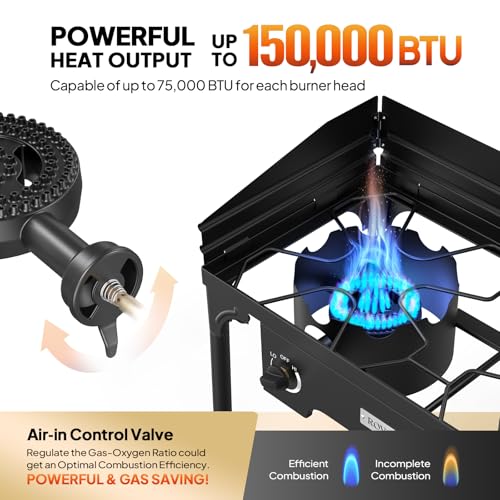 ROVSUN 2 Burner Outdoor Camping Stove with Wind Panel, 150,000 BTU Propane Burner, Gas Cooker with Detachable Legs & CSA Regulator for Home Camp Paito Cooking Frying Canning - style: 2-Burner