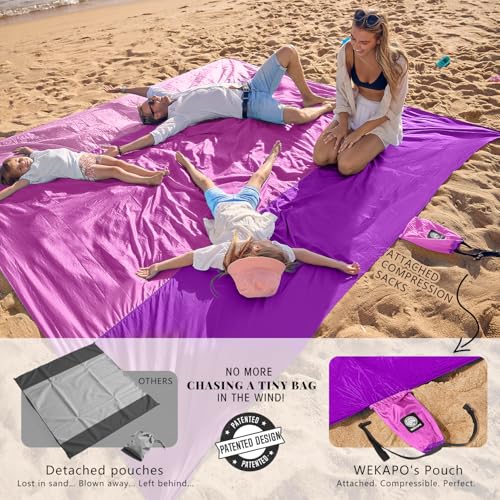 WEKAPO Beach Blanket Sandproof Waterproof, Extra Large Beach Mat, Oversized & Compact Sand Free, Quick Drying Beach Essentials for Vacation, Cruise, Picnic & Camping with Stakes - color: Berrypurple, size: 7x7 FT (1～3 person)