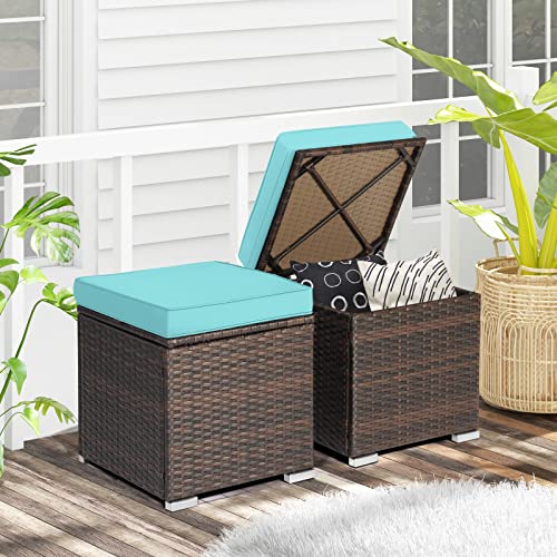 HAPPYGRILL 2PCS Patio Ottoman Set Outdoor Wicker Stool with Storage, Rattan Footrest Ottoman with Solid Metal Frame and Cushion for Backyard Poolside Garden Balcony - color: Turquoise