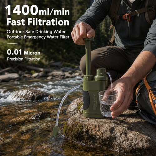Hand Pump Water Filter, 0.01 Micron Portable Emergency Water Gear, 4-Stage Filtration System for Camping, Hiking, Fishing, Hunting & Outdoor Adventure