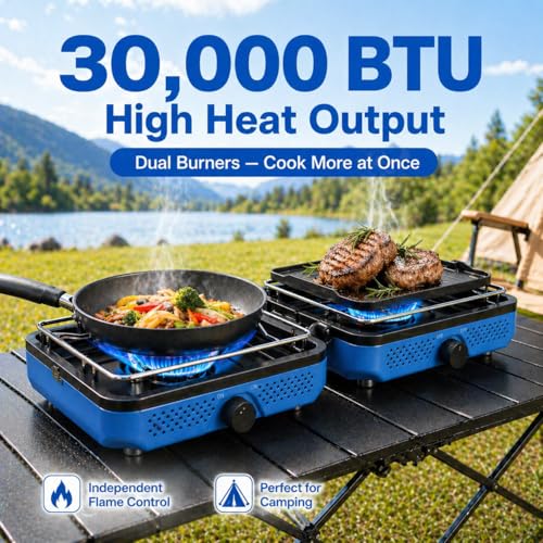 Hisencn 2 Burner Propane Camping Stove, 30000 BTU Foldable Portable Gas Stove with Cookware Set & Carry Bag, Outdoor Cooking for Camping, RV, Emergency Use, Blue - color: navy blue