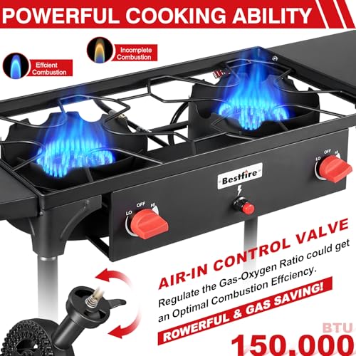 Bestfire 2 burner Camping Stove with Auto Ignition Button,Side Shelves & Regulator150,000 BTU High Pressure Gas Stove Propane Burner With Removable Legs for Outdoor BBQ&Backyard Cooking Camping Home - style: 2 burner without windpanel