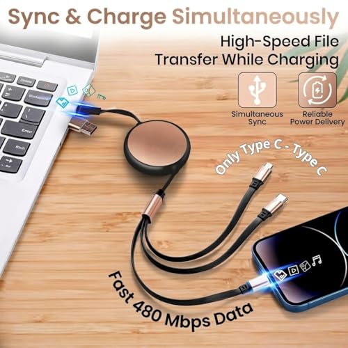 120W Fast Multi Charging Cable, 6 in 1 Retractable Charger (Ebony Golden) | 5A Fast Charging | 6 in 1 Retractable | L Port USB C Micro | Durable Braided | Adjustable 10.2 to 44.1 in | Data sync USB C - color: Ebony Golden