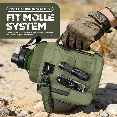 NATURE PIONEOR 64 oz Tactical Water Bottle with MOLLE Bottle Pouch & 3 Lids | 18/8 Food-grade Stainless Steel, Double Vacuum Insulation, 3 Leak-proof Lids, Handle, Strap, Camping, Hiking, Gym, Work - color: Green Black, size: 64 Ounces